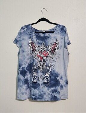 Cotty On Blue Tie Dye Graphic Tee 2X Winged Heart Cutout Back Y2K Biker
